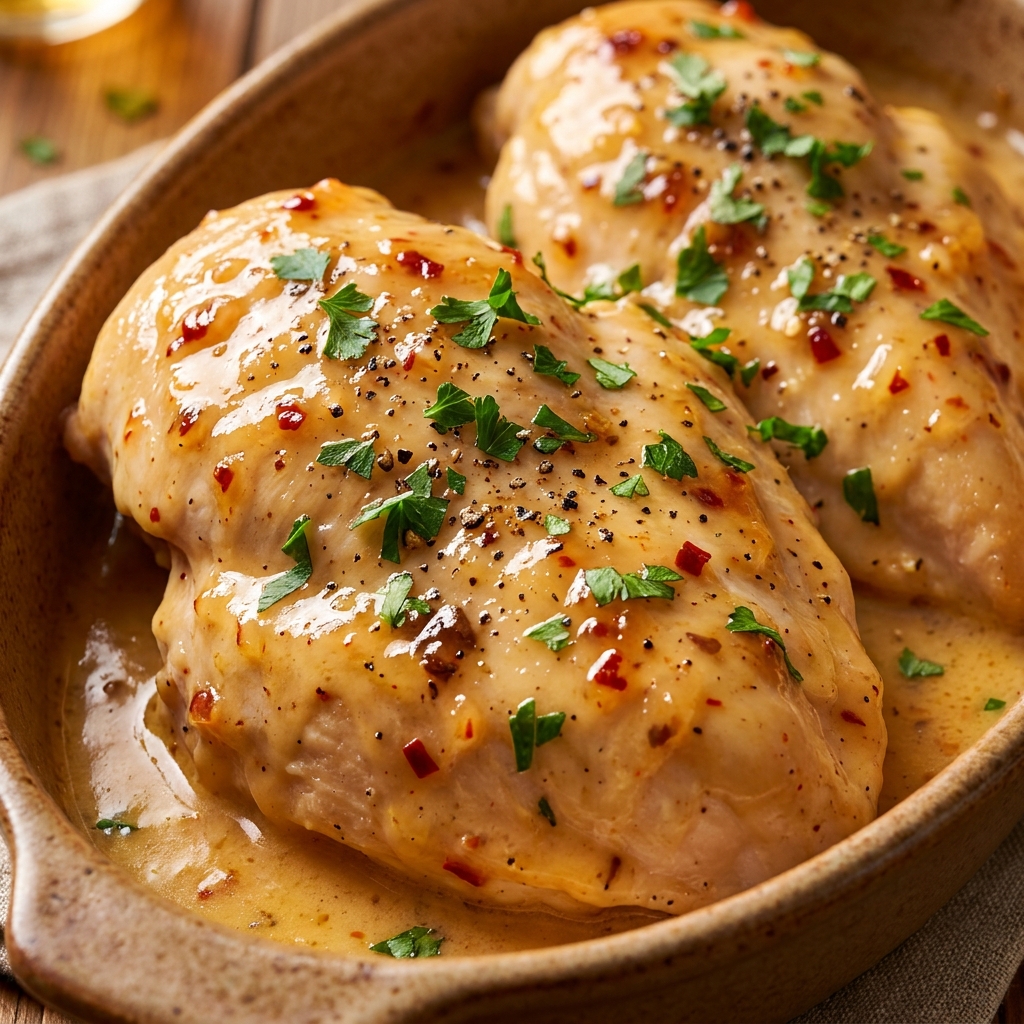 Bang Bang Chicken Bake in a white baking dish with a golden panko crust and sliced green onions on top, served with a spatula.