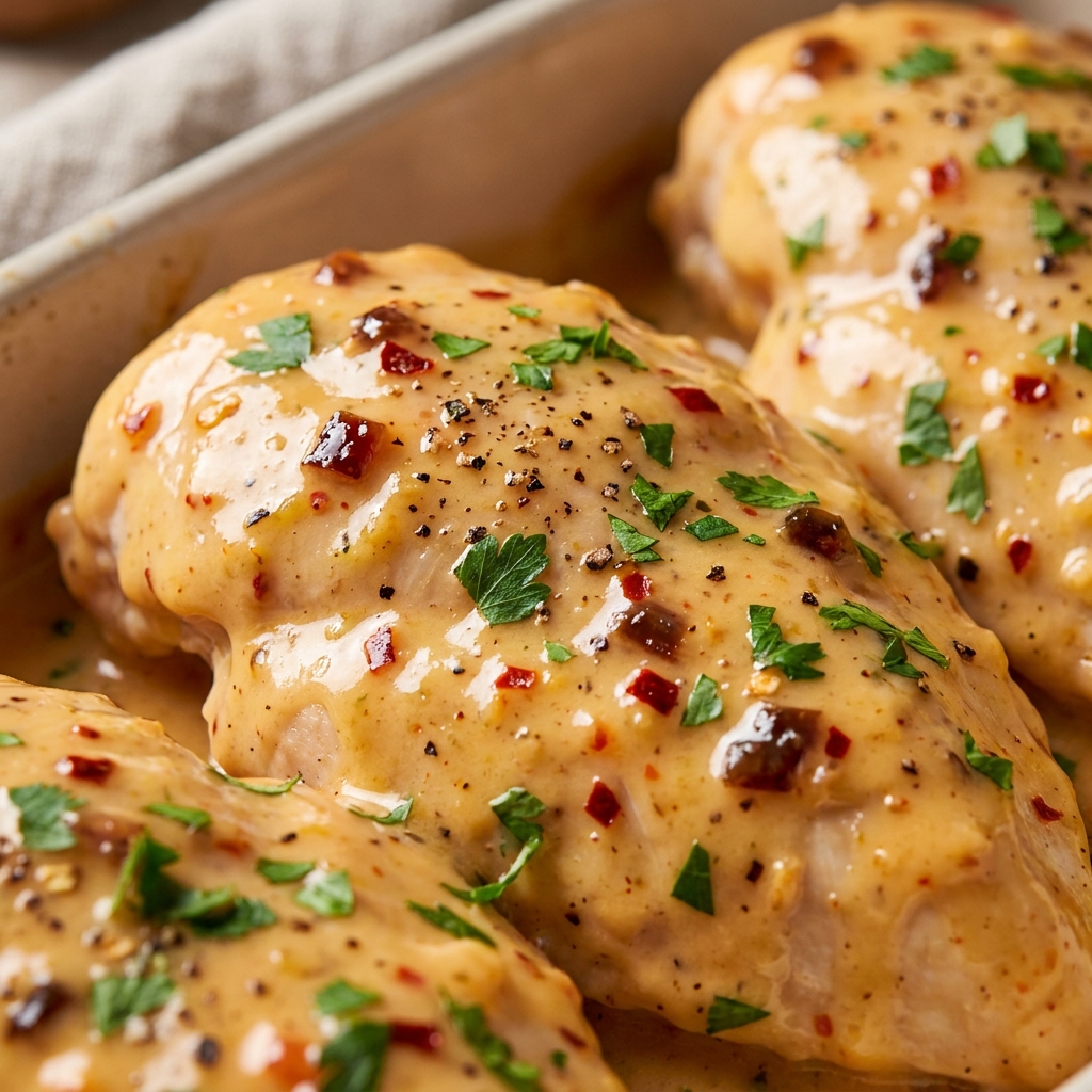 Step-by-step process of making Bang Bang Chicken Bake: mixing sauce with chicken, spreading in a dish, and sprinkling panko over the top.