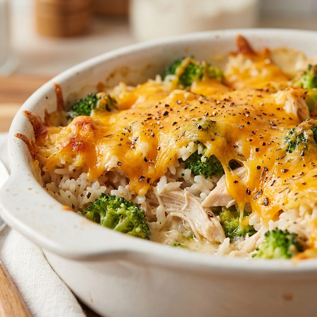 Hands stirring chopped broccoli and shredded chicken into a creamy rice mixture in a large bowl, cheese shreds visible.