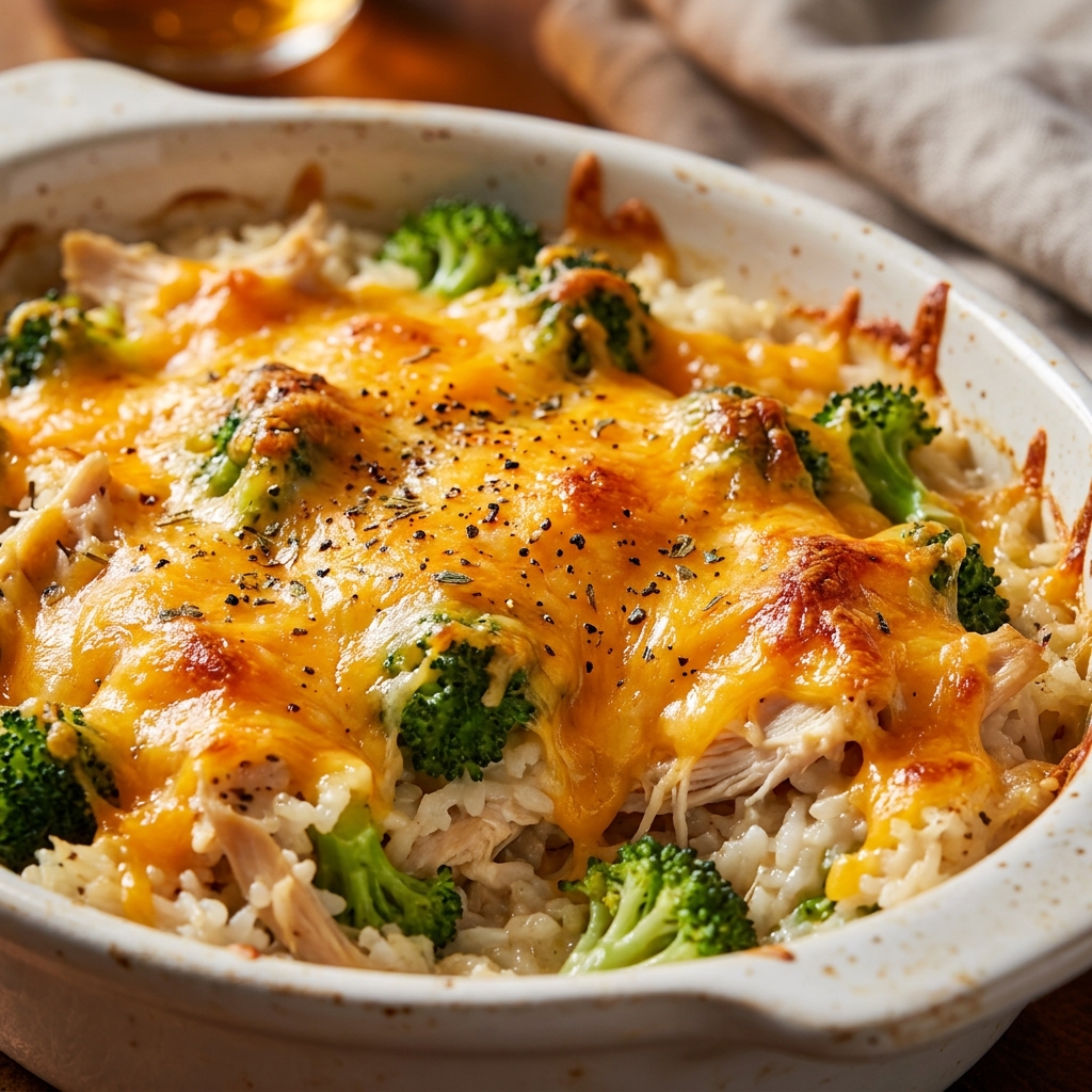 Close-up of a plated scoop of cheesy chicken and rice casserole with melted cheddar stretching, broccoli florets peeking through.
