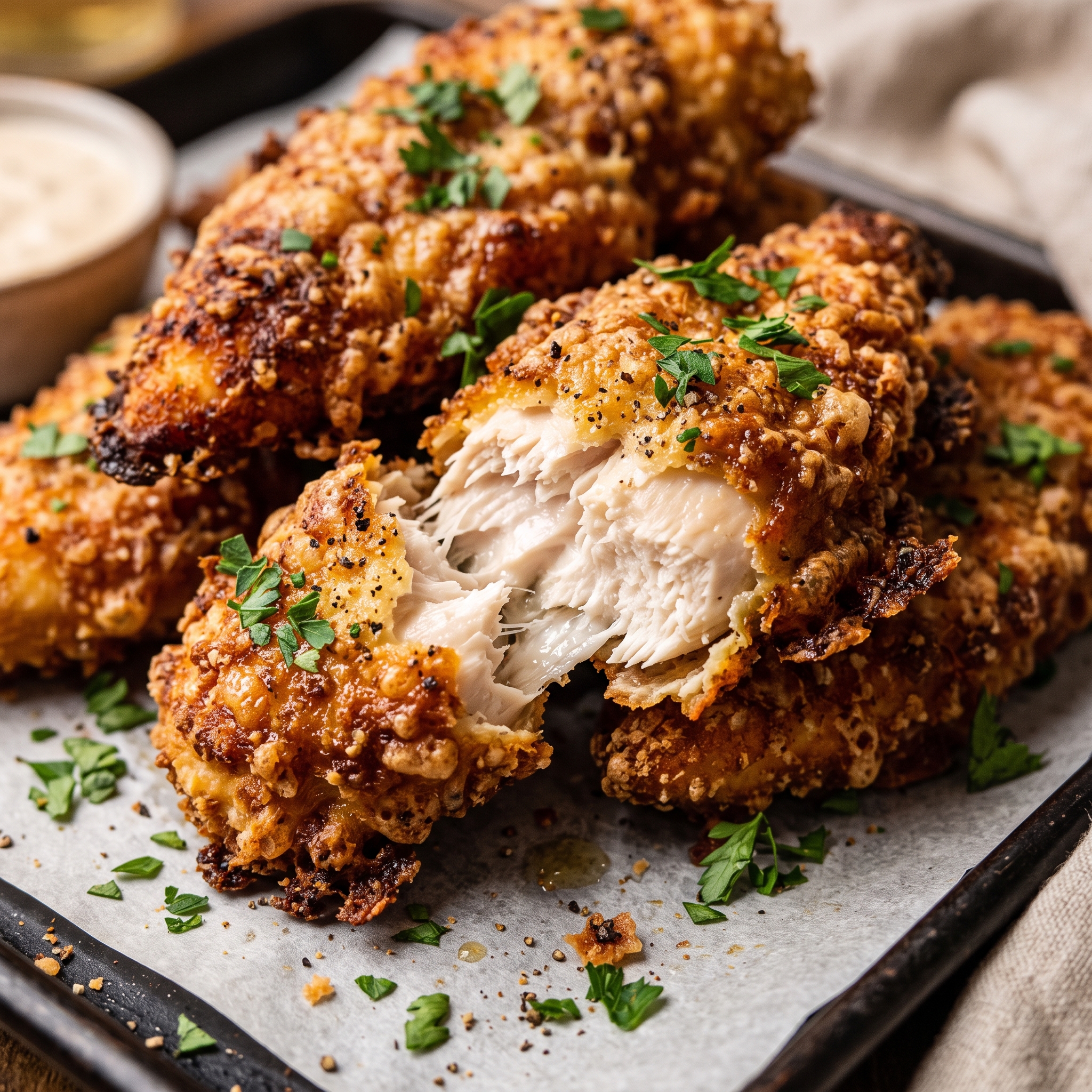 Mayo-coated chicken tenders being dipped in parmesan breadcrumb mixture