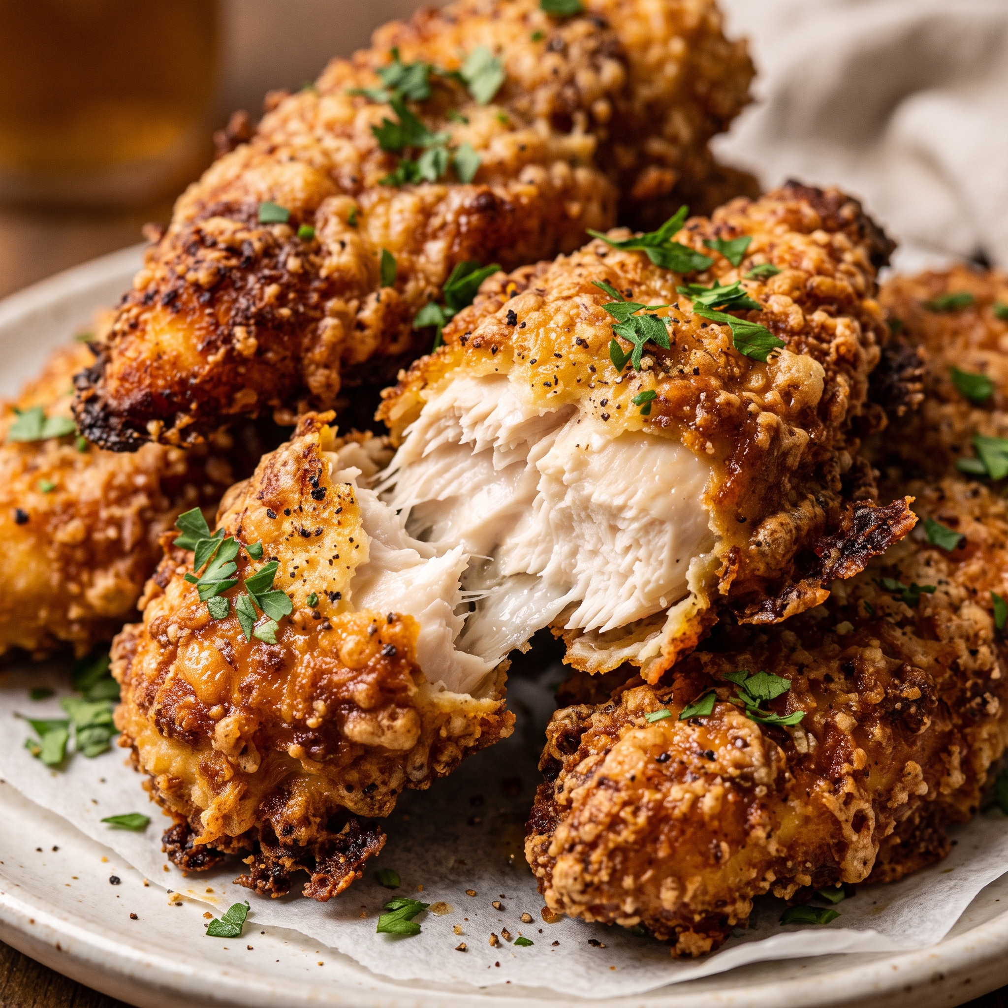 Finished crack chicken tenders stacked on a plate with dipping sauce