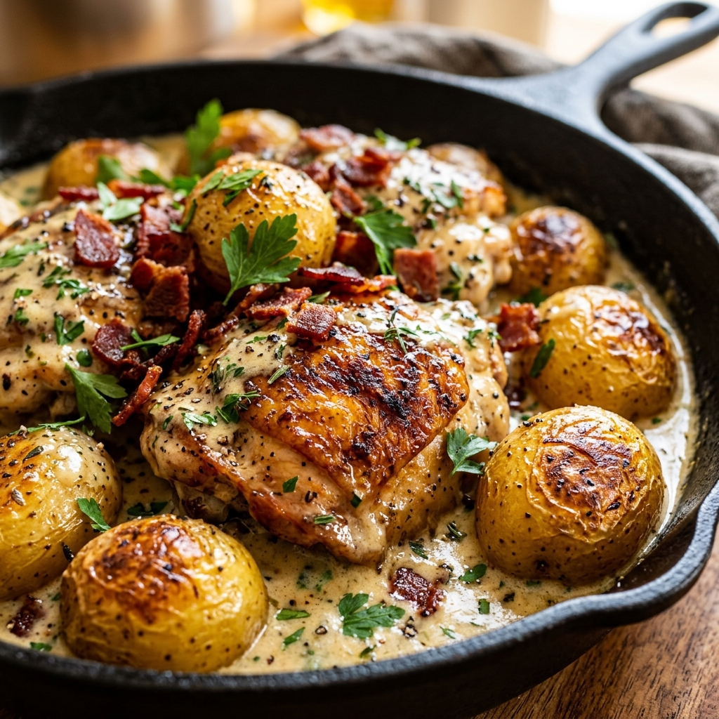 Step-by-step process of browning chicken and crisping potatoes for creamy chicken pan