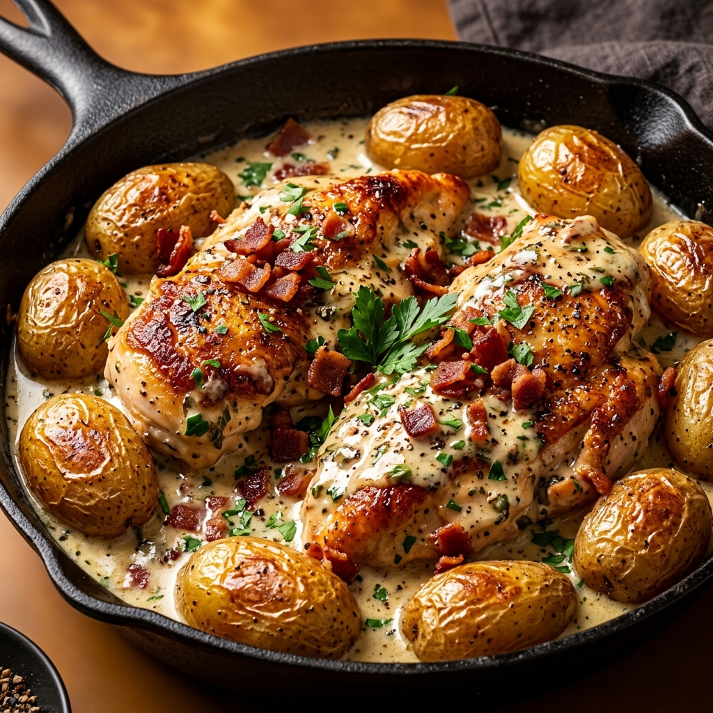 Final dish of creamy chicken pan with crispy baby potatoes, cream sauce bubbling around golden potatoes