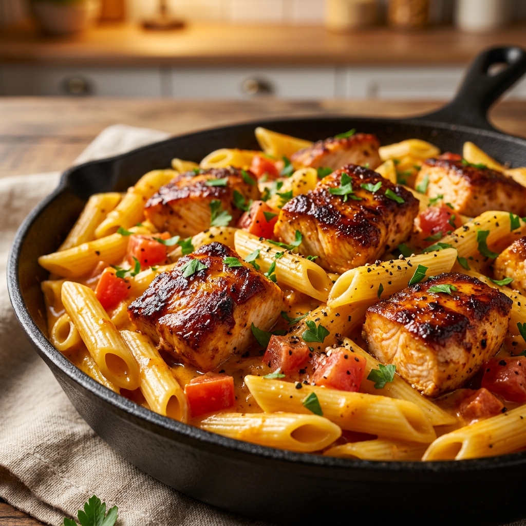Sautéing chicken and vegetables for Easy Creamy Cajun Chicken Pasta in a stainless steel skillet