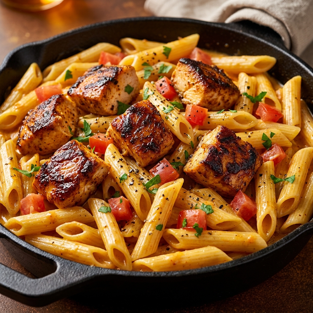 Plated Easy Creamy Cajun Chicken Pasta with penne noodles coated in creamy orange sauce