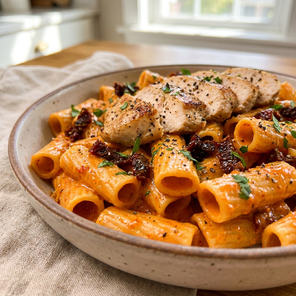 Chicken breast pieces browning in a large skillet before making creamy pasta sauce