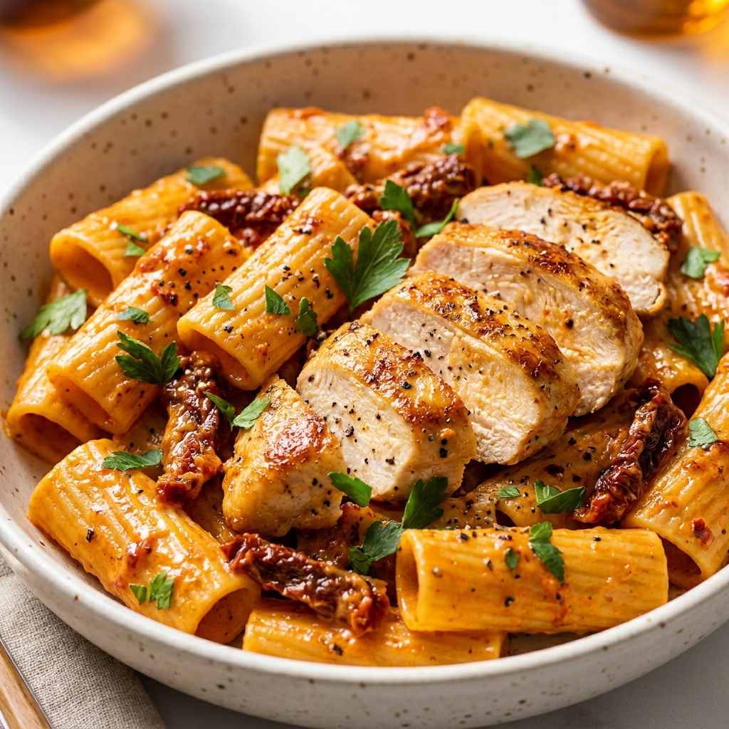 Creamy marry me chicken pasta with penne, sun-dried tomatoes, and parmesan in a serving dish