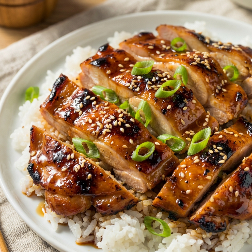 Chicken thighs searing in a skillet with soy-pineapple sauce bubbling