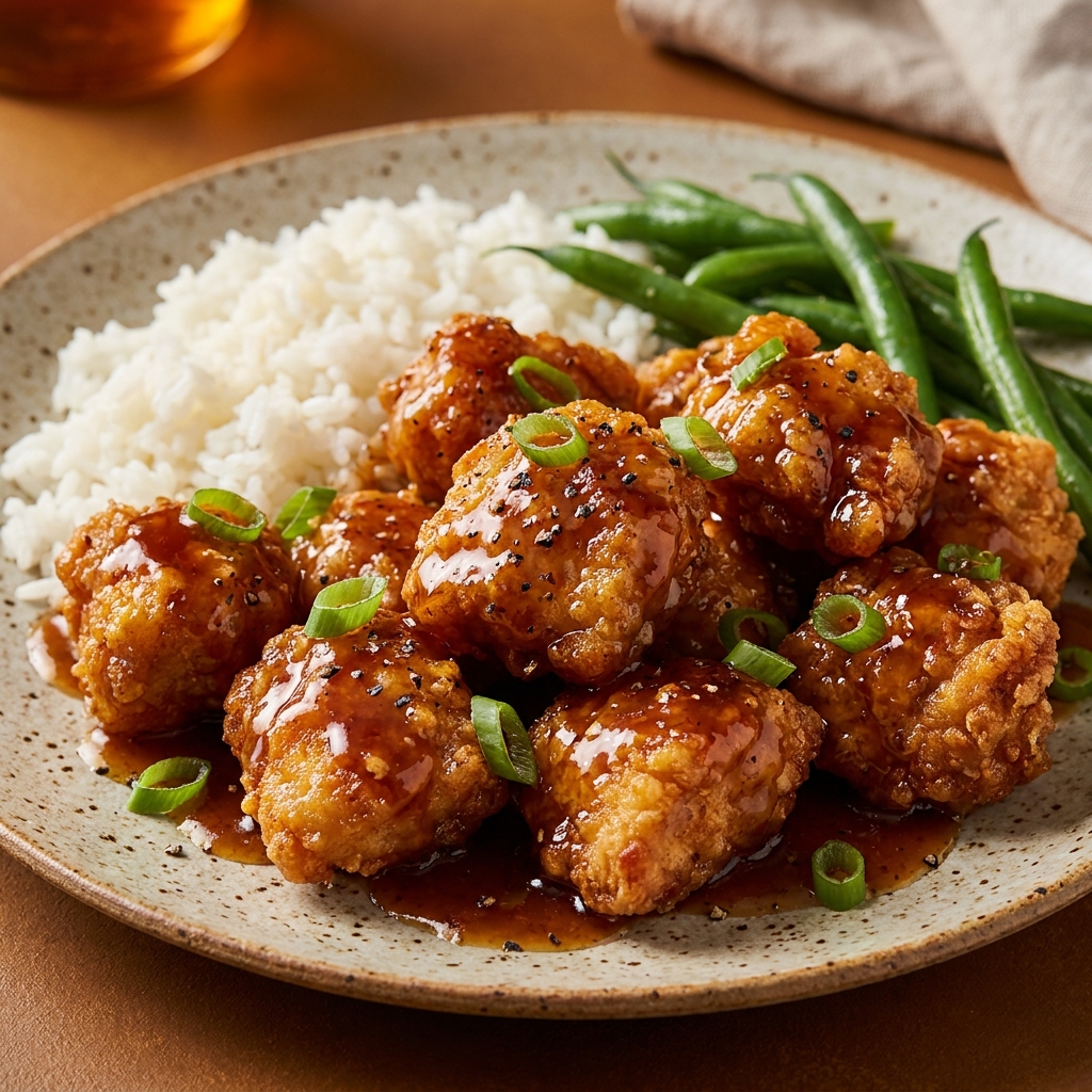 Finished honey butter chicken on a plate with a glossy glaze and scattered scallions