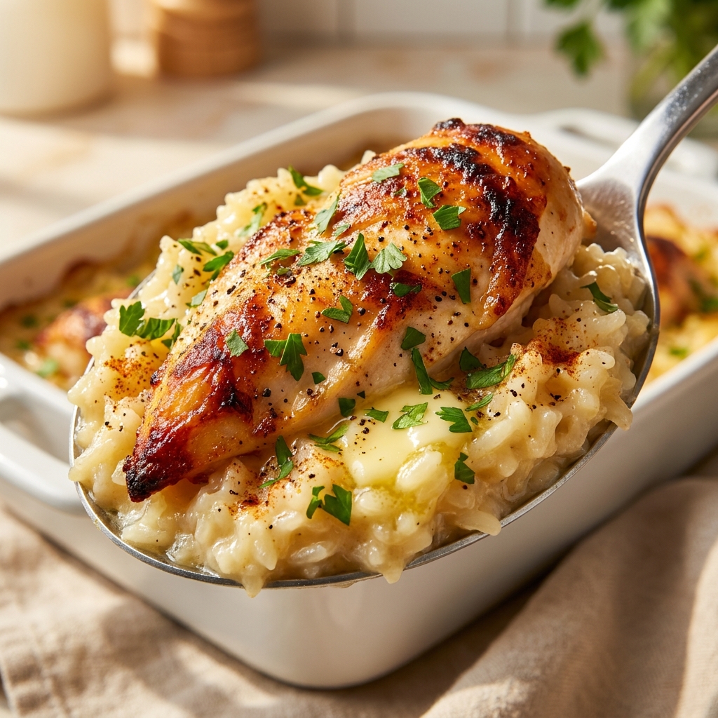 Raw chicken thighs arranged over butter-studded rice in a baking dish before baking
