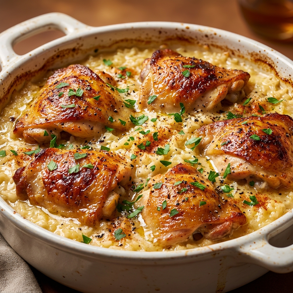 Fluffed Stick of Butter Chicken and Rice served with parsley and lemon wedges